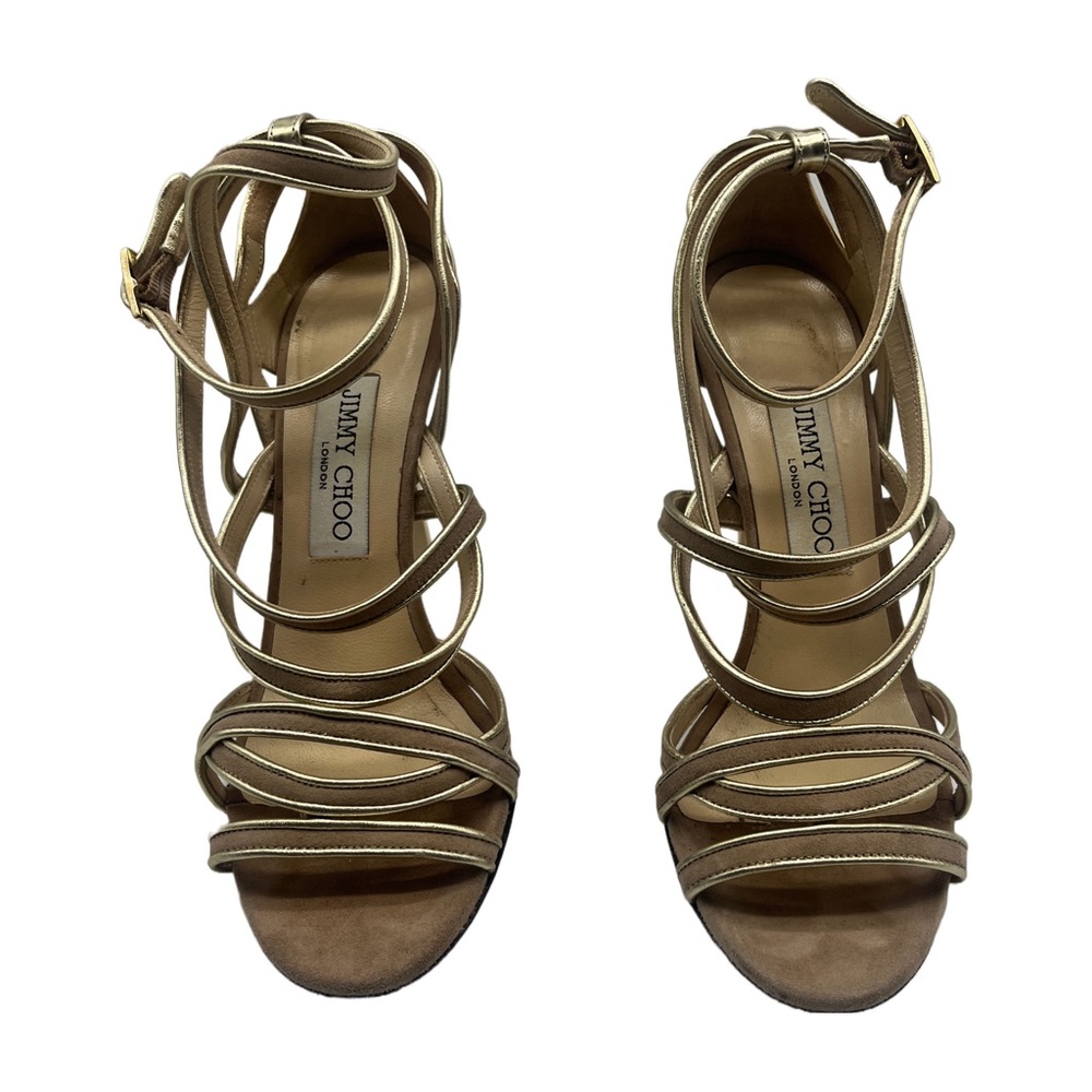 Jimmy Choo Beige Suede with Gold Accent Strappy Sandal Heels Sz 38